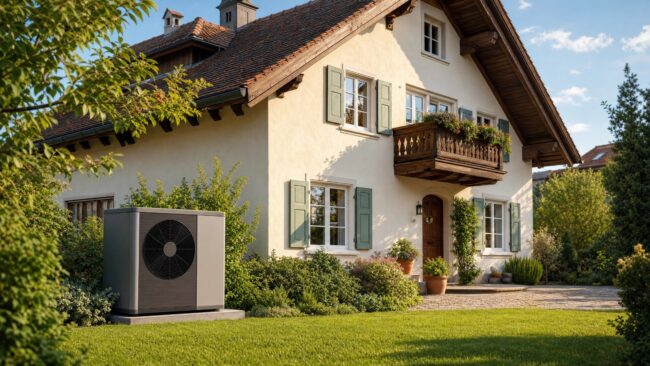 Luft-Wasser-Wärmepumpe neben Altbau in Bayern