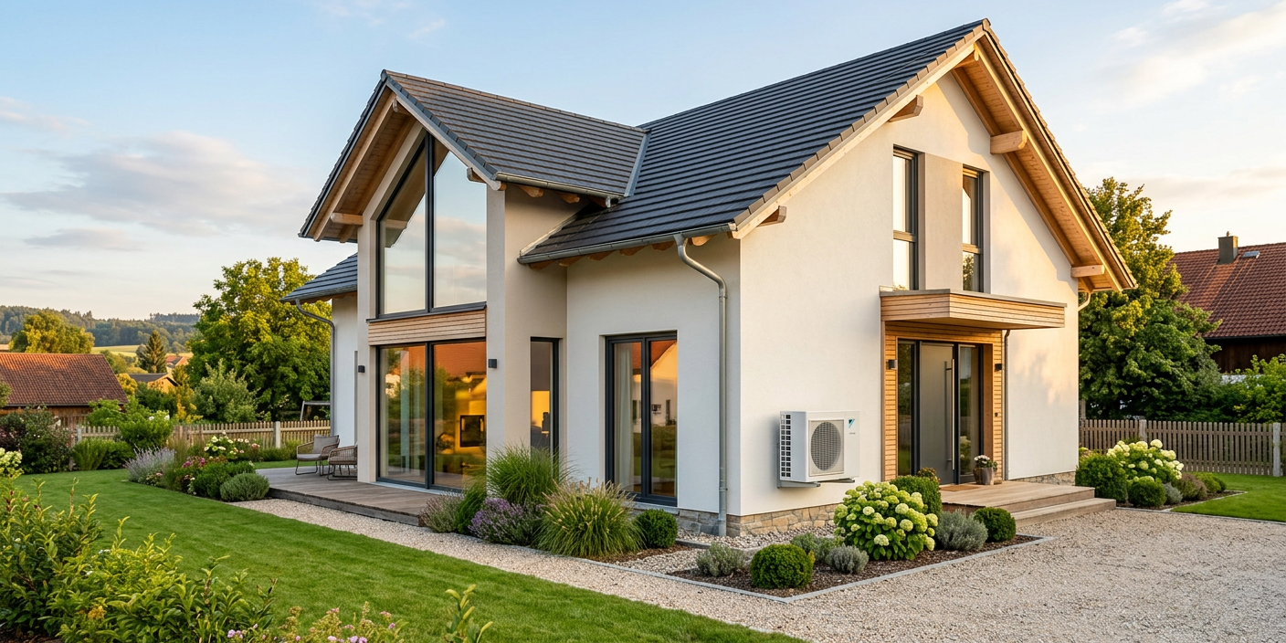 Modernes Einfamilienhaus in Bayern mit Luft-Wasser-Waermepumpe - Klimageschwindigkeitsbonus nutzen