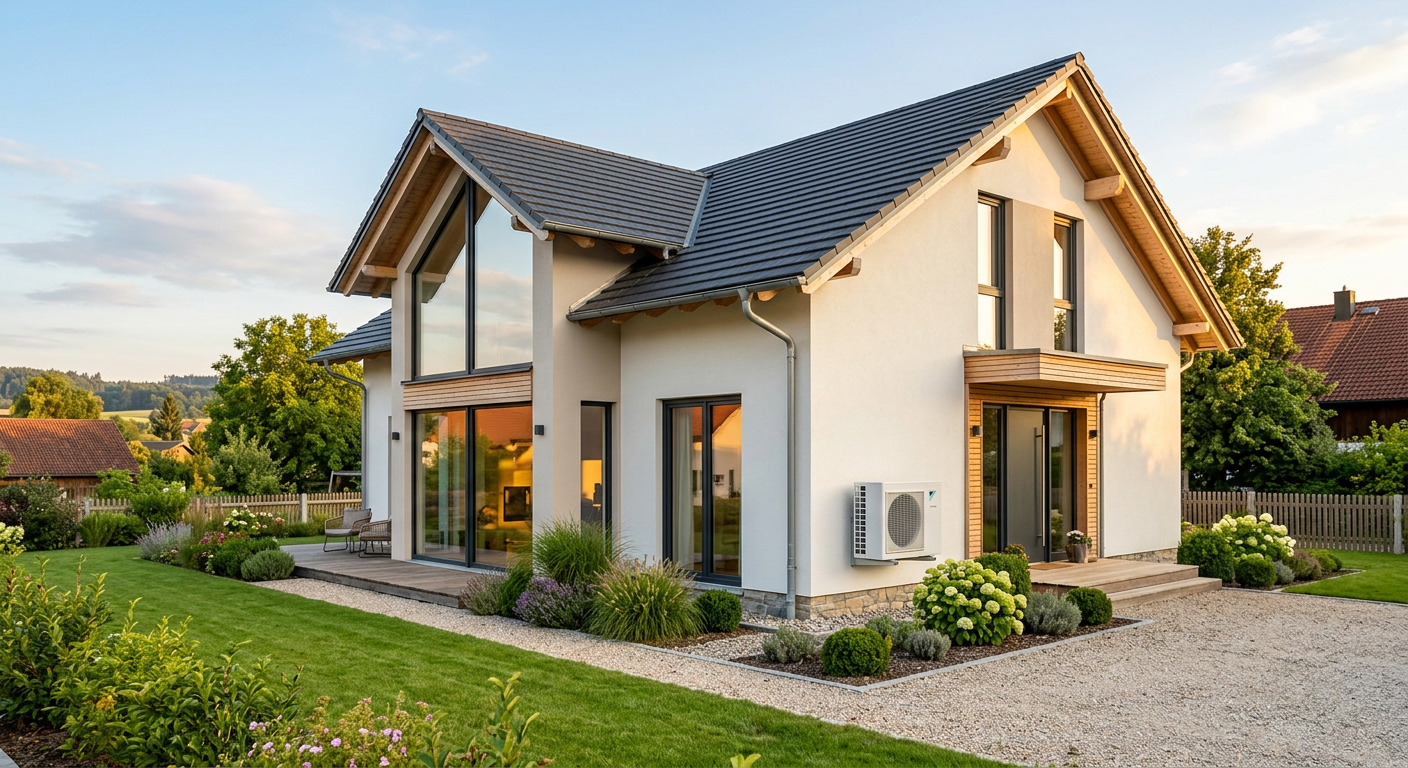 Modernes Einfamilienhaus in Bayern mit Luft-Wasser-Waermepumpe - Klimageschwindigkeitsbonus nutzen