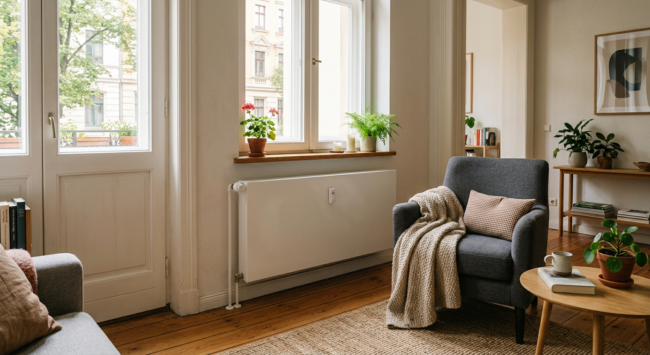 header-artikel-08-waermepumpe-heizkörper Moderner Plattenheizkörper in hellem Wohnzimmer - Wärmepumpe funktioniert auch ohne Fußbodenheizung