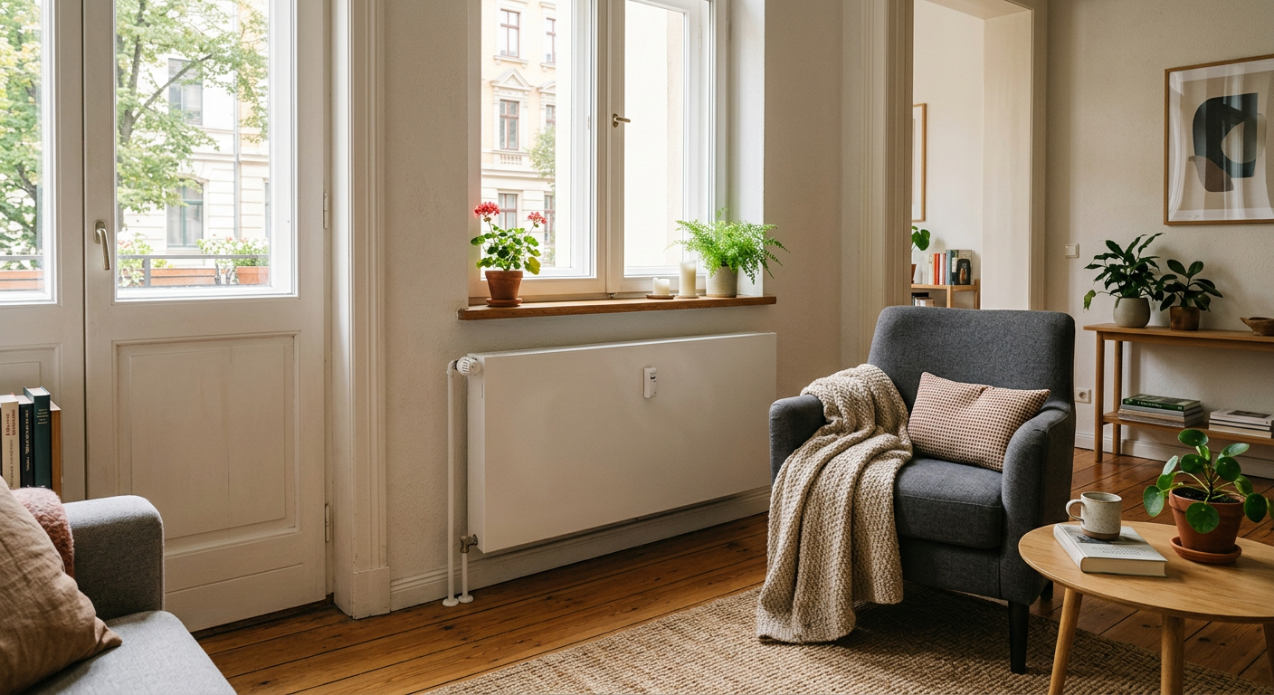 Moderner Plattenheizkörper in hellem Wohnzimmer - Wärmepumpe funktioniert auch ohne Fußbodenheizung